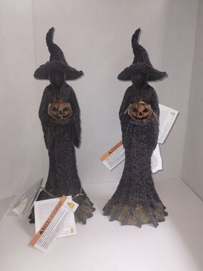 Halloween Witch Figurine Holding Pumpkin - Black and Brown